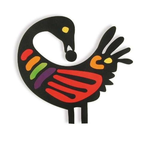 The Sankofa bird, a West African symbol of a bird with a long neck, turning its head to look back. This version is brilliantly multicoloured - red, yellow, black, and orange..