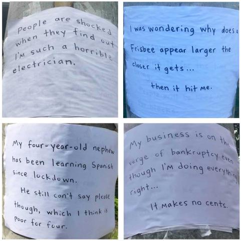 "People are shocked when they find out I am such a horrible electrician."... and photos of similar jokes from the "Dad Light Pole," arranged in a collage.