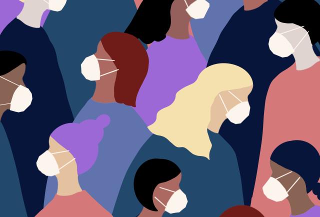 A colourful illustration of a diverse group of people wearing pandemic masks - they are in a group but not interacting.