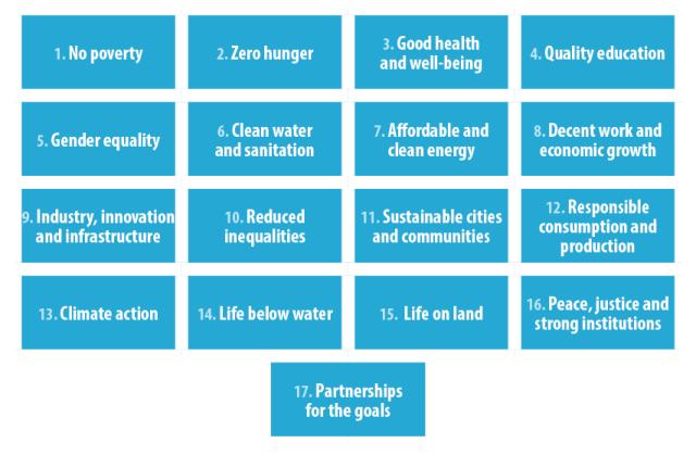 Text of the 17 UN Sustainable Development Goals, each in a separate square