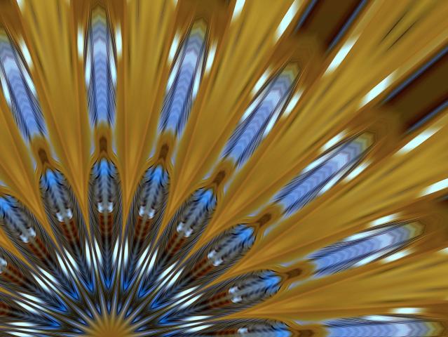 Abstract kaleidoscope image in gold, brown, and blue