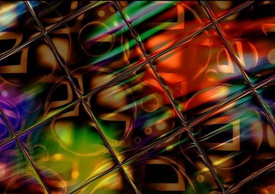 Image: abstract stained glass with random colours and shapes in a square grid pattern