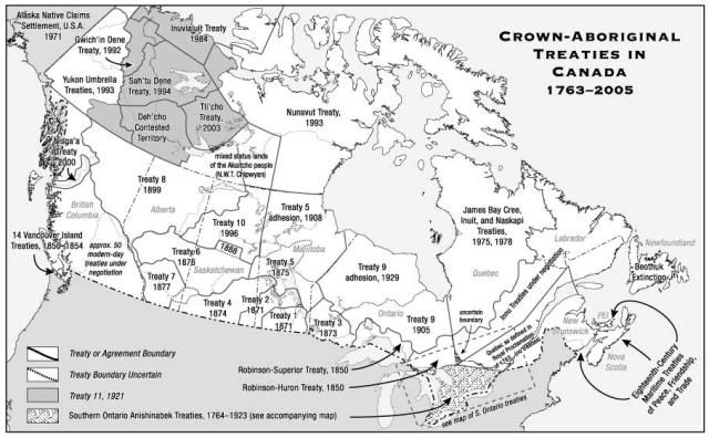 A map of Canada with the historic and ongoing treaties with Indigenous people defined.
