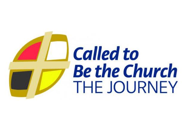 Abstract, simplified version of the United Church crest in gold, red, white, and black and the words Called to Be the Church The Journey in dark blue