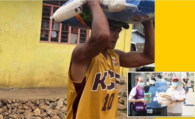 Photo of man on Philippines street carrying sack of rice, with inset photo of two aid workers carrying bread and other food on a Beirut street.