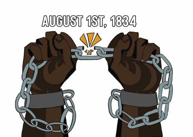 An illustration of two Black arms and hands breaking the shackles which bound them.
