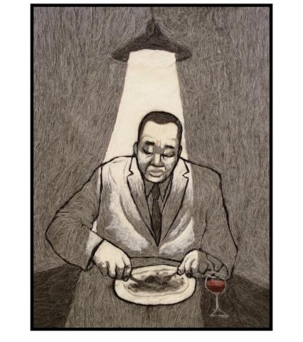 An etching of a middle-age Black man eating alone at a table with a solitary light above his head.