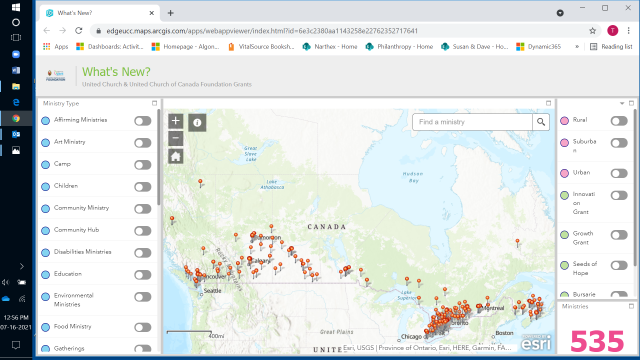 Screenshot of interactive map of Canada with pin icons showing ministries Embracing the Spirit grants have supported.