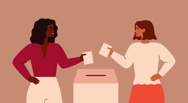 An illustration depicting two young women putting their ballots in a polling box.