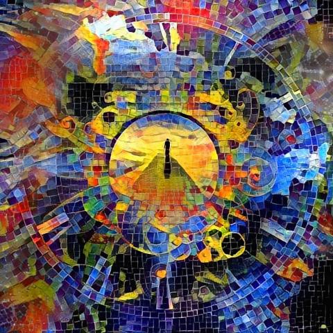 A brilliantly coloured, abstract tile mosaic, with vague images of a sun, a man, walking, and the map of Latin America.