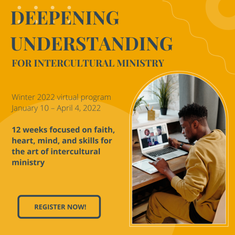 Image: A man sits at a desk using a laptop. The title Deepening Understanding for Intercultural Leadership is above and info about the course is on the left
