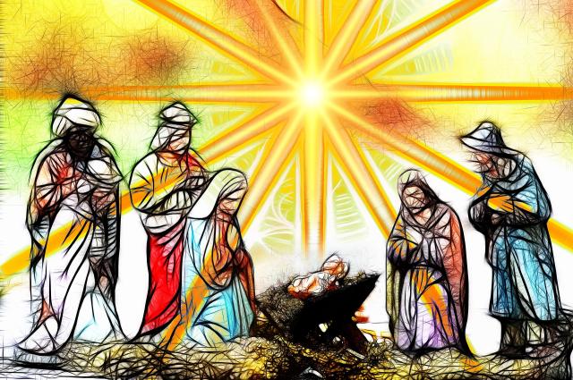Illustration of the nativity, with the wisemen giving gifts to the holy family and a bright star in the background.