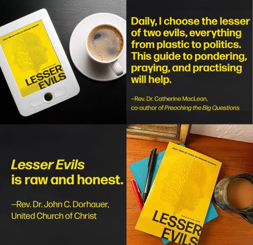 A collage of photos featuring the cover of the book Lesser Evils, which is bright yellow, with large block lettering spelling out the title.