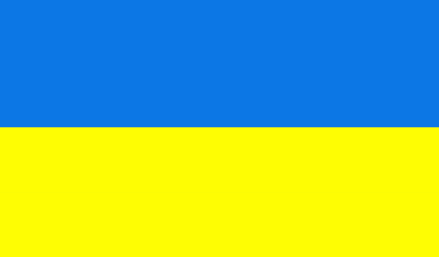 Flag of Ukraine, a horizontal blue stripe above a horizontal yellow stripe.