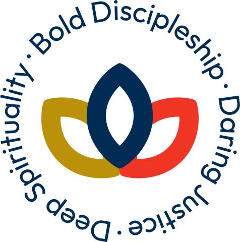 Logo of the United Church call and vision statement: a three-petal flower in gold, navy, and red with the words Deep Spirituality, Bold Discipleship, Daring Justice in a circle around it.