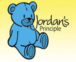 Image: Illustration of a blue teddy bear with the words Jordan's Principle in black against a yellow background