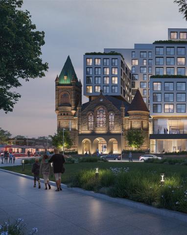 Artist's rendering of future development at St. Luke's United Church, Toronto: a historic church building with a modern building attached. 