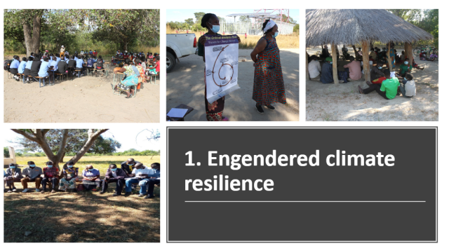 Collage of 4 photos of people attending talks or workshops outdoors in Zambia beside the words Engendered climate resilience