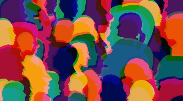 Multicoloured silhouettes of people's heads make up an abstract collage.