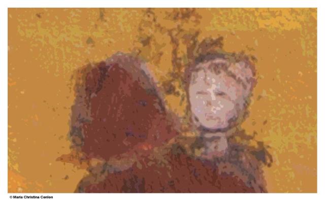 A nearly abstract artwork with subtle hints of a mother holding a small child.