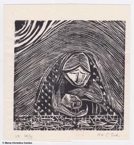 A black and white woodcarving print of a woman in pensive hope.