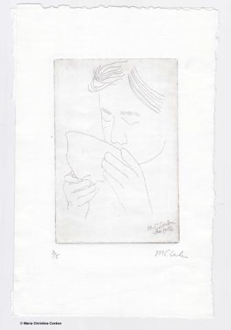 A etching of a woman sipping tea. Done on large white paper, with the lightest of touch.