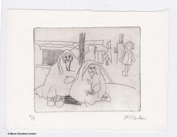 A black and white etching print outline of two people wrapped in blankets and sitting on the street.