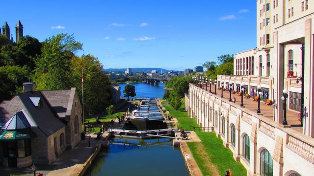 Overlooking the locks on the Ottawa Canal, with the Alexandra Bridge in the background.