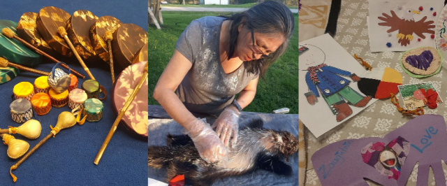 In three side-by-side photos the first shows Indigenous drums, the second shows a woman taking quills from a porcupine, and the third shows children's drawings.