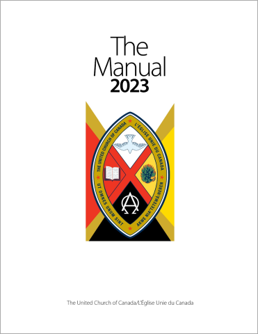 The words The Manual 2023 centred above the United Church Crest against a background divided into white, gold, black, and red quadrants.