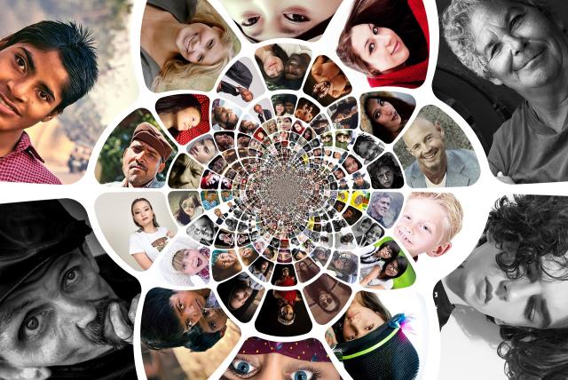 Portraits of people of many cultures and ages are arranged in a circular pattern that seems to retreat into the distance, with the photos in the centre getting smaller and smaller. 