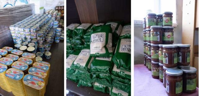 A tryptic of three photos showing cans and bags of food supplies for Ukrainian refugees.