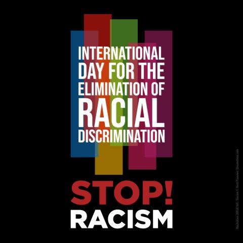 The words International Day for the Elimination of Racial Discrimination against coloured vertical bars
