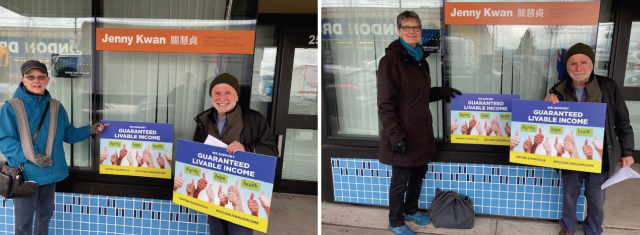 Two side-by-side photos each show 2 people holding up signs urging a guaranteed livable income.