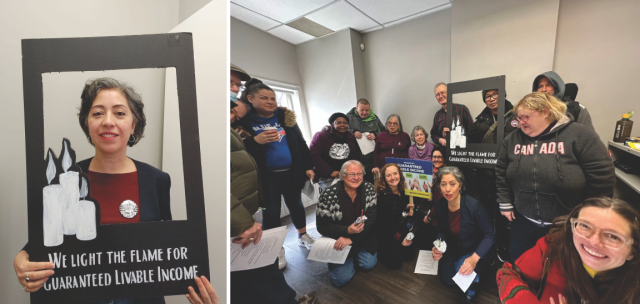 Two photos side by side show a woman and a large group holding up signs supporting a guaranteed livable income.