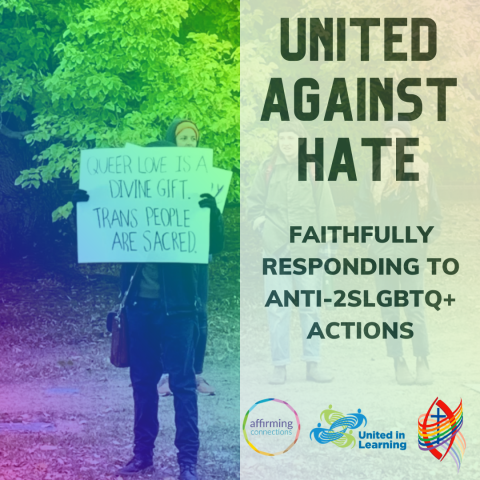 A woman holds up a pro-LGBTQ sign beside the words United against Hate.