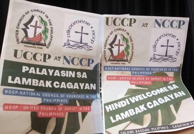 Two posters with the UCCP and NCCP logos with text in the Philippine language