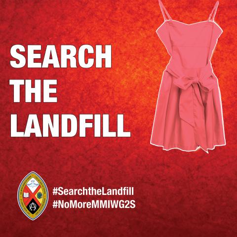 A red dress with the text Search the Landfill