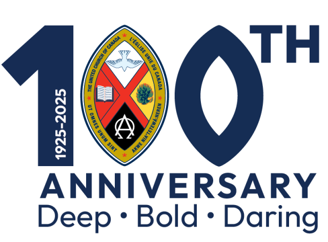 Number 100 and United Church Crest with dates