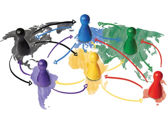 Various coloured markers with movement lines on a global map
