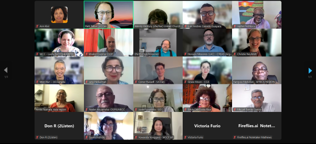 A screenshot of a zoom meeting of United Church staff and global partners