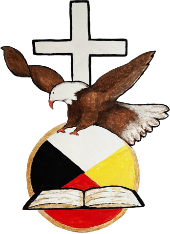 Eagle stands on a medicine wheel with a Bible below and a cross above.