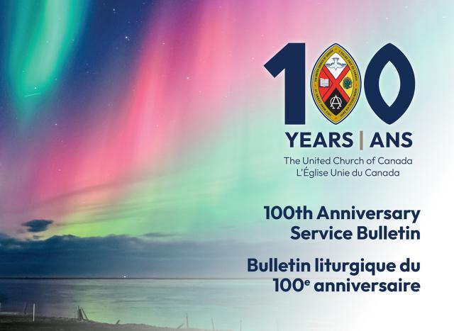 A promotional image for the 100th Anniversary Service Bulletin featuring a photo of the Northern Lights.