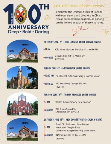 Anniversary Service Celebrating 100 Years of the United Church of Canada in Dufferin County Invitation