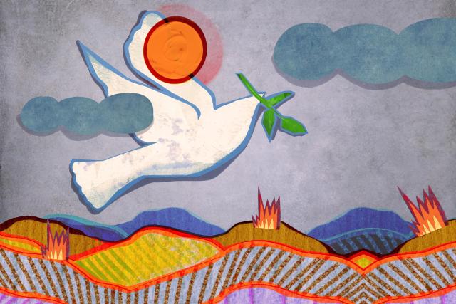 A dove flies over a battlefield