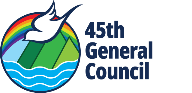 A logo for General Council 45 featuring a dove, rainbow, and globe.