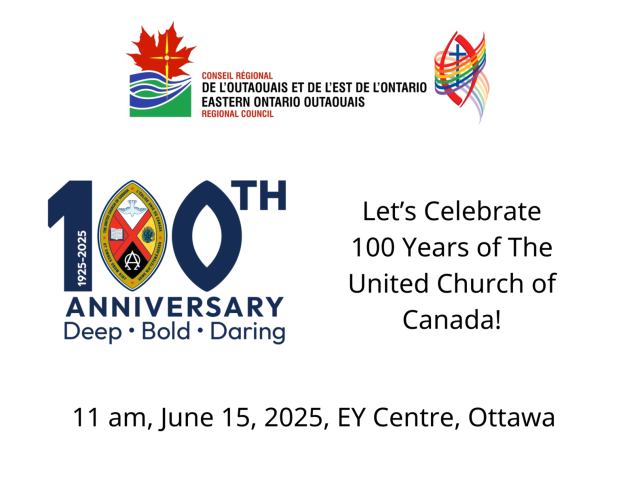 A logo advertising the upcoming United Church Centennial event at the EY Centre in Ottawa, on June 15.