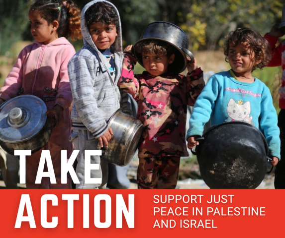 Four Palestinian children holding pots and pans, with large font text that reads "Take Action"