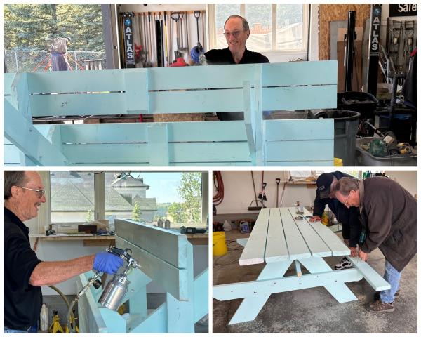 Photo collage of people smiling, building and painting a picnic table