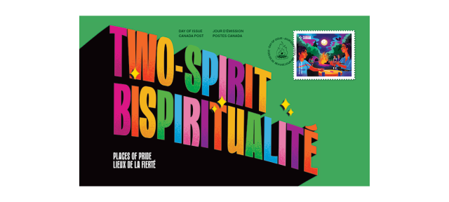 A graphic promoting Canada Post's Two-Spirit commemorative stamp